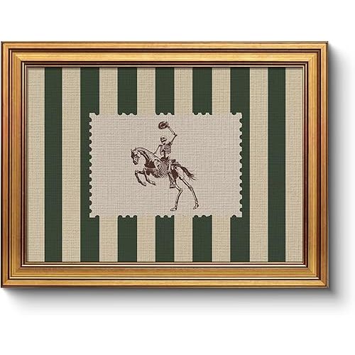 Vintage Gold Framed Skeleton Cowboy Wall Art, 12x16 Green Striped Western Horse Rider Canvas Print, Halloween Gothic Artwork Living Room Bedroom Farmhouse Rustic Retro Home Décor