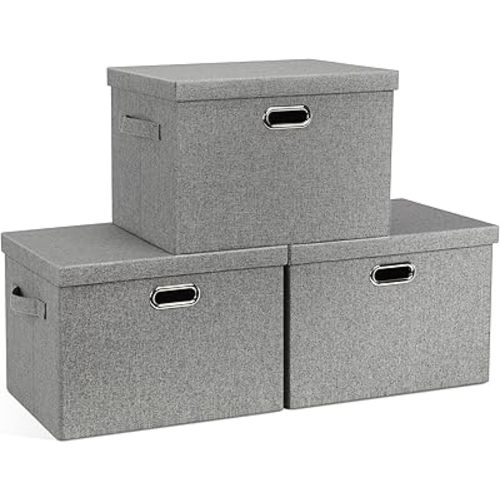 Large 17" 36 Quart Collapsible Stackable Storage Bins with Lids, 3 Packs Grey Linen Fabric Closet Boxes with Lids, Storage Cube Baskets Container Organizers for Bedroom Office(17 x12 x11)