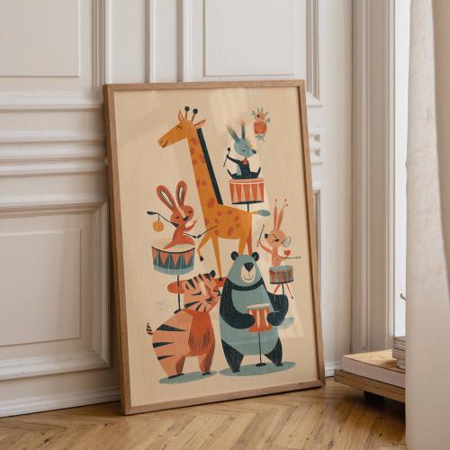 Mid Century Animal Band Print, Retro Safari Nursery Poster