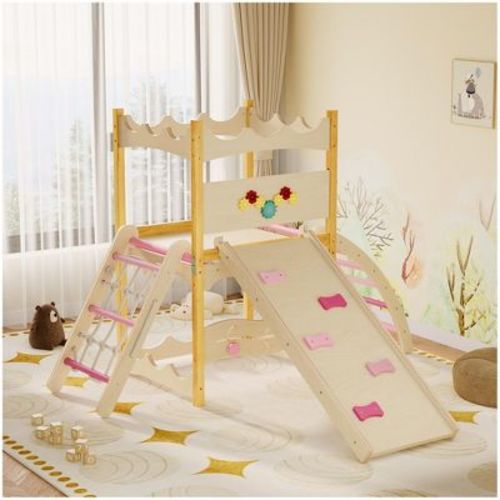 COZONY 6-in-1 Wooden Indoor Play Gym Climber with Slide, Swing, Rock Wall, Rope Ladder & Sensory Panel, Indoor Playground for 18 Months~5 Years