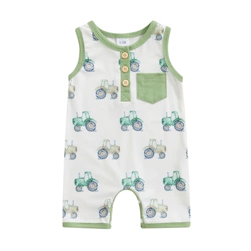 Santikisler Infant Baby Boy Clothes Summer Sleeveless Tank Romper Tractor Animal Jumpsuit Button Pocket One Piece Outfits