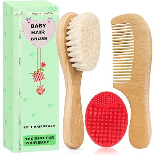 Baby Hair Brush, Goat Bristles Brush and Baby Cradle Cap Brush Set for Newborns and Toddlers,Wood Comb l Red Silicone Brush| Ideal for Cradle Cap (3 Piece)