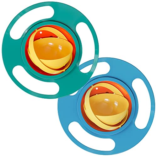 CheemZ GREEN & BLUE 2 Packs in 1 Gyro Bowl for Toddlers - Baby Magic Bowl - 360 for Kids Age 1 To 3 Years - Spill Resistant Bowl for Toddlers with Lid and 360 Bowl Rotations, Mess Free Snack Bowls