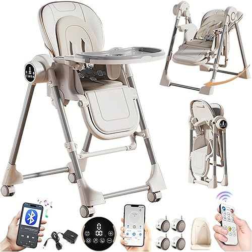 Nine point nine Electric Bluetooth Smart PU Leather High Chair with Swinging Function, Baby High Chairs for Babies and Toddlers, Baby Feeding Chairs Seat, Removable Wheels, Double Tray (E8121 White)