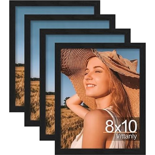 Vittanly 8x10 Picture Frame Set of 4, Display Pictures 5x7 with Mat or 8x10 without Mat, Engineered Wood with Shatter Resistant Plexiglass, Wall Gallery Photo Frames for Wall or Tabletop, Black