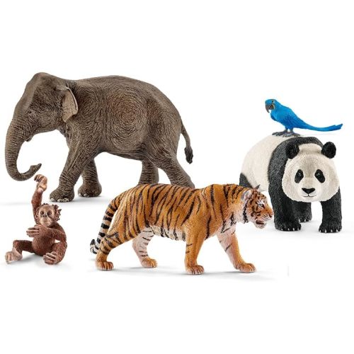 Schleich Wild Life - 5PC Wild Animal Toy Set - Jungle Safari Bundle with Panda, Macaw, Baby Orangutan, Elephant, and Tiger Figurine - Realistic Wildlife Figures for Screen-Free Play - Kids 3+ | 77588