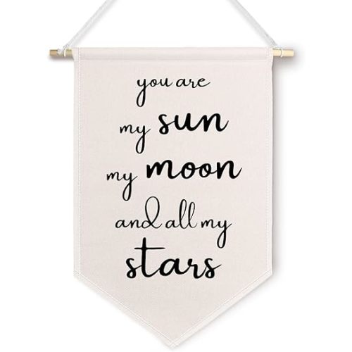 ChissNook Sun Moon Star Nursery Canvas Banner, Minimalist You Are My Sun Moon and All My Stars Hanging Pennant Banner Flags Wall Display, Nursery Wall Decor for Kids Boys Girls Room Bedroom Playroom