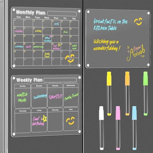 DIYMAG Magnetic Calendar for Refrigerator 4 PCS Dry Erase Whiteboard 15.2"x11.2" Magnet Fridge Wall Planners Planning Acrylic Clear Chalkboard Apartment Decor Meal Planner with 6 Colors Markers