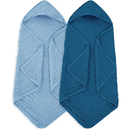 Muslin Baby Towels 100% Cotton ,Super Soft Muslin Baby Bath Towel - 32 x 32 Inches, Suitable for Newborn and Young Children up to 3 Years Old. (Light Blue & Dark Blue)