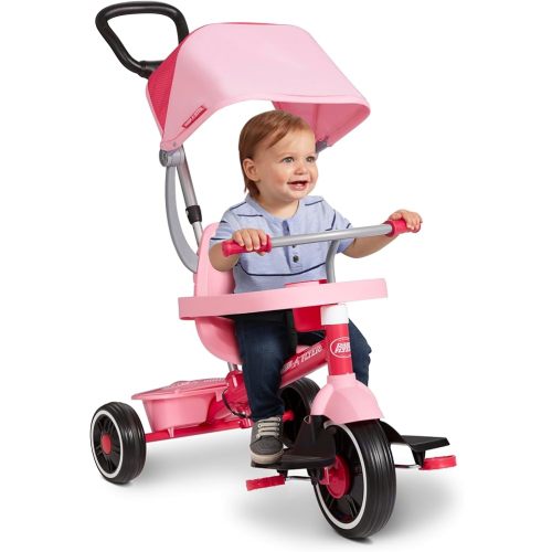 Radio Flyer 4-in-1 Pedal & Push Stroll 'N Trike, Ages 1-5, Toddler Tricycle & Stroller, High-Density Foam Tires, Parent Push Handle, UV Canopy, Removable Tray, Headrest & Seatbelt, Stroller Tricycle