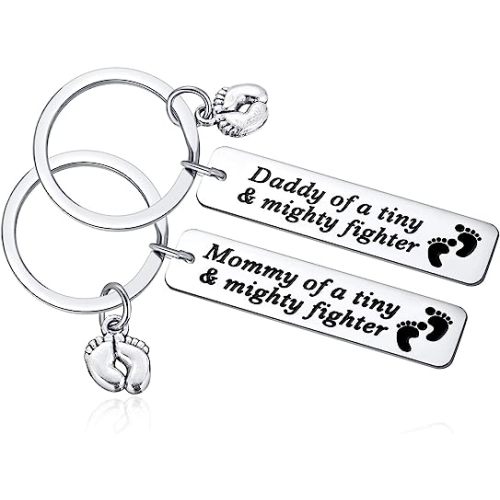 Ralukiia NICU Dad Mom Preemie Baby Gift - Mommy/Daddy of A Tiny Mighty Fighter Keychain Support NICU Parents Care Basket Neonatal Intensive Care Unit Gift