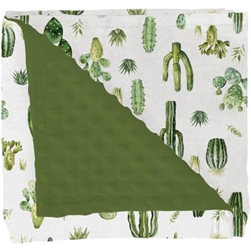 Watercolor Cactus Baby Blankets for Girl Boy Green Cactus Leaves Soft Mink Dotted Backing Double Layer Swaddle Receiving Blanket for Toddler Nursery Crib Wild West Desert Plant Bed Blanket 30x40