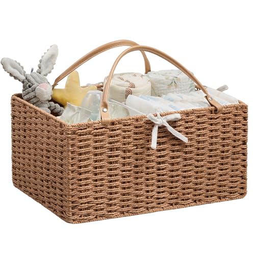 Angelhood Paper Rope Diaper Caddy, Baby Essentials Organizer, Portable Baby Shower Baskets Gift Bin, Car Storage Bag for Nursery