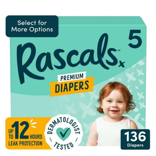 Rascals Premium Absorbent Baby Diapers Size 5, 136 Count (Select for More Options)