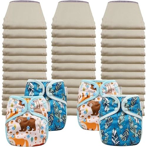 OsoCozy Economy Prefold Diaper Package - 3 Dz. Infant 4x8x4 Unbleached Better-Fit 100% Cotton Prefold Diapers (6-16 lbs) & 4 One-Size Diaper Covers (2 Forest Critters, 2 Jay Feathers)