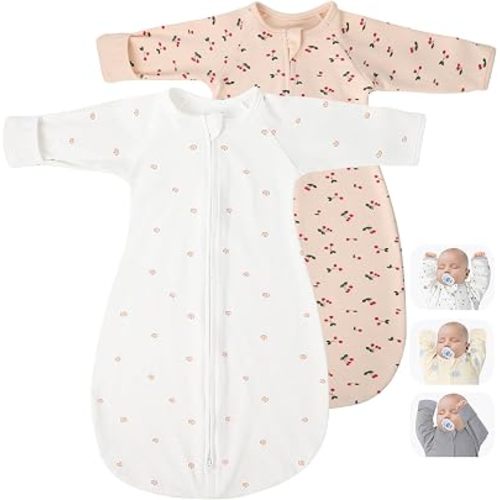 2 Pack Transitional Baby Swadding Sacks with Arms Up Length Sleeves & Mitten Cuffs, Sleeping Sack Bag 2 Ways Zipper, Wearable Swaddle Blanket for Newborns Baby Snug Fit Calms Startle Reflex