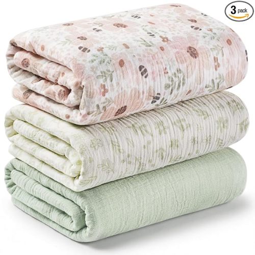 3-Pack Muslin Swaddle Blankets for Newborns Boy,Girl – 47x47 Large Cotton Muslin Baby Blanket, Nursery Swaddling, Neutral, Soft, Breathable, Light Infant Baby Receiving Cover (Flora Vale, Regular)
