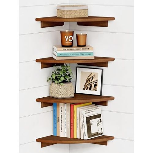 Forbena Corner Bookshelf Wall Mounted Set of 4, Wooden Floating Book Shelves for Nursery, Large Wall Shelving Unit for Living Room Bedroom Bathroom Kitchen Office Classroom Corner (Walnut Color)