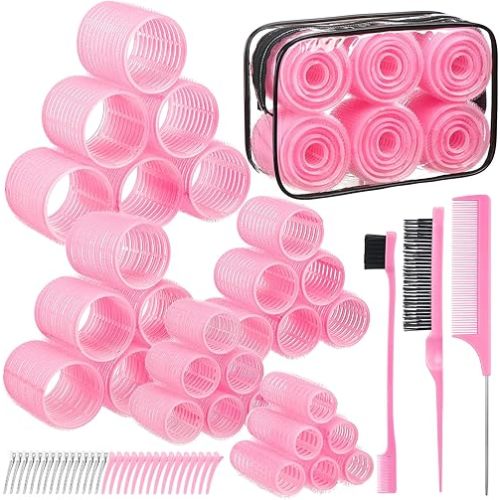 5 Sizes Self Grip Hair Rollers Set, 64 Pcs Rollers Hair Curlers with Clips Comb for Long Medium Short Hair (60 48 40 32 20mm), Pink