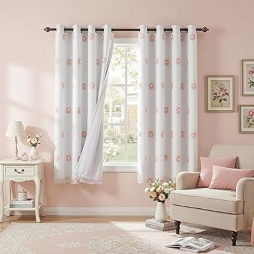 MYSKY HOME Blackout Curtains for Girls Bedroom 63 Inch Long Pink Floral Curtains for Kids Room 2 Panels 100% Room Darkening Daisy Flower Window Treatment 2 Layered Drapes Toddler Grommet 52W x 63L