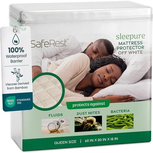 SafeRest Waterproof Queen Size Mattress Protector - Viscose Derived from Bamboo - Fitted with Stretchable Pockets - Machine Washable Viscose Blend Mattress Cover for Bed