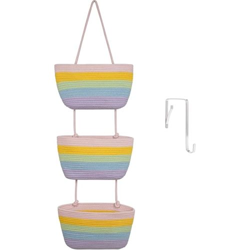 TeoKJ Over the Door Organizer, 3-Tier Woven Cotton Hanging Storage Baskets, Wall-Mounted Baskets for Nursery Organization, Rainbow