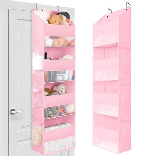 GRANNY SAYS Over the Door Organizer, 4-Shelf Behind the Door Storage | Fabric Hanging Organizerwith 6 Pockets, Anti Tilt 35lb Load Hanging Shelf for Nursery, Bathroom, Pink