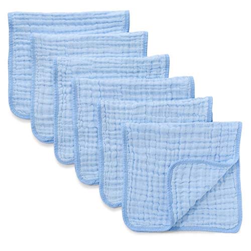 Muslin Burp Cloths 6 Pack Large 100% Cotton Hand Washcloths 6 Layers Extra Absorbent and Soft (Blue, Pack of 6)