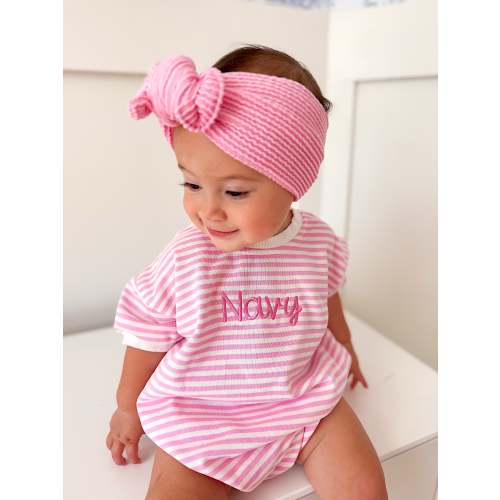 Pink Striped Bubble Romper - Optional Custom Embroidery | Little Joy Co.