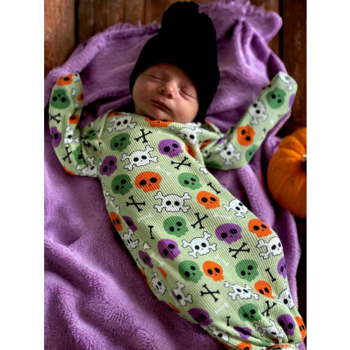 Organic Waffle Knotted Gown, Candy Skulls Green