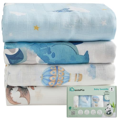Muslin Baby Swaddle Blankets, 4-Pack 47x47 inches, Breathable 100% Rayon from Bamboo Receiving Blanket, Shower & Registry Gift (Little Dragon/Blue Castle/Hot Air Balloon/Prince & Dragon)