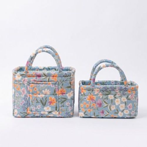 Alilang 2 Piece Quilted Floral Storage Tote Set with Handles and Front Pocket - Green