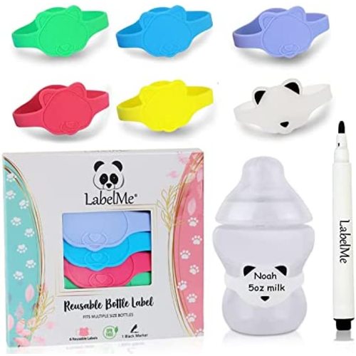 Baby Bottle Labels for Daycare –6 Multi-Colored Unique Panda-Shaped Reusable Silicone Name Labels Fit Popular Bottles and Sippy Cups – Includes Waterproof Marker (Standard - Fits All Other Bottles)
