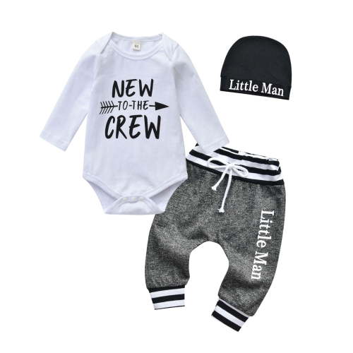 Newborn Infant Baby Boy Clothes Long Sleeve Romper Pants Headband Hat Outfits Set ( Newborn, White)