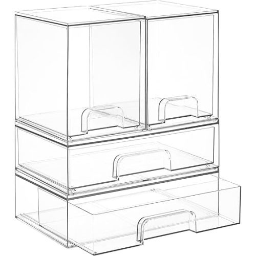 Vtopmart Clear Stackable Storage Drawers Set of 4, Plastic Organizer Bins for Makeup, Cosmetics, Beauty Supplies,Ideal for Vanity, Bathroom,Cabinet,Pantry Organization