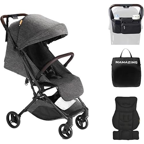MAMAZING Lightweight Baby Travel Stroller with Carbor Fiber Frame, Compact & Airplane-Friendly, One-Handed Folding Design, 11.6 lbs, Perfect for Toddlers, Organizer & Cushion Included, Black