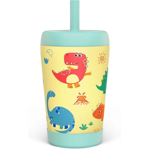 Kid Insulated Stainless Steel Tumbler with Silicone Straw, 12oz Sippy Cup for Kids (Playful Dinosaurs)