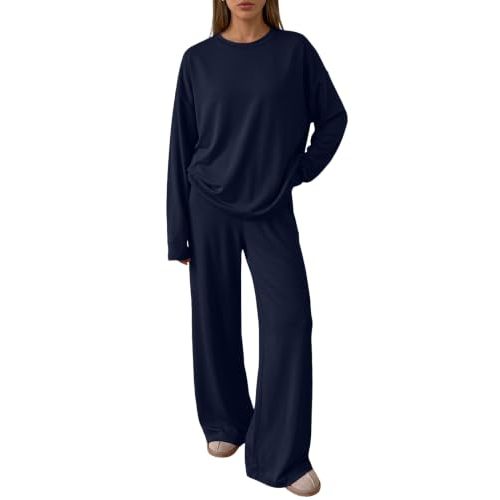 Trendy Queen Womens 2 Piece Fall Lounge Sets Oversized Tops Wide Leg Pants | Airport Travel Outfits,Comfrt Matching Clothes,Winter Sweatsuit,Workout Tracksuit for Gym,Fashion 2026,Everyday Wear