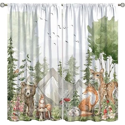 Rustic Nursery Woodland Animals Blackout Curtains,Cartoon Cute Wildlife Country Safari Bear Deer Plant Windows Treatments Rod Pocket Drapes for Baby Kids Living Room Bedroom 84x84in