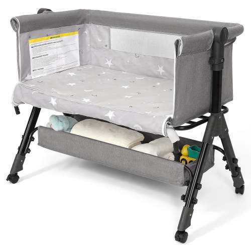 Infant Bassinet Crib,Single-sided Detachable 3 Adjustable-Height Bedside Beds Foldable Baby Crib,for 0-18 Months-Light Gray