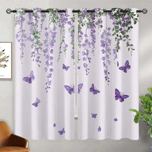 Purple Lavender Blackout Curtains for Girls Kids Home Decor,Floral Butterfly Lilac Flower Grommet Thermal Insulated Drapes Darkening Window Curtain for Bedroom Living Room-52"W x 63"L (Pack of 2)