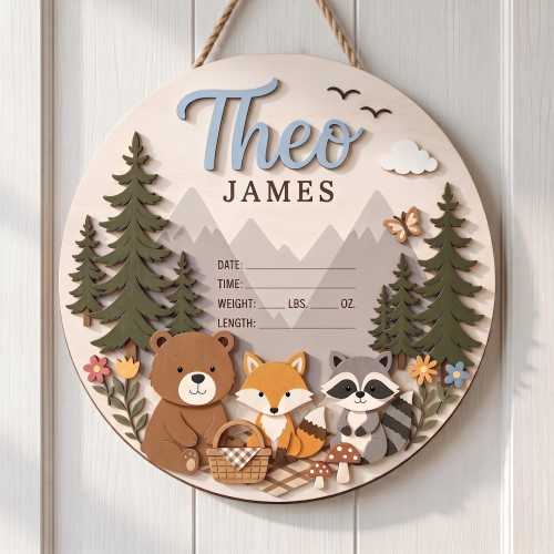 Personalized Baby Name Board, Birth Stat Sign, Cute Animal Room Hanging, 3D Layered Keepsake, Arrival Photo Prop, Wood Present