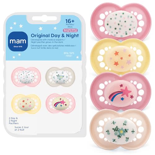 MAM Original Baby Pacifiers 16+ Months, Glows in The Dark, 4 Pack | BPA-Free Skin Soft Silicone Nipple, Developed With Medical Experts, Easy Clean, Made In Europe