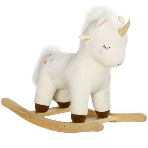 Qaba Rocking Horse, Kids Rocking Animal, Plush Ride on Unicorn with Realistic Sounds & Wooden Base for Years 2-4, White