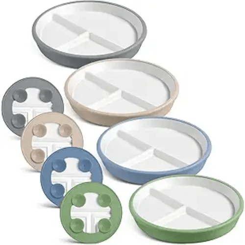 Domensi 4 Pcs 8" Large Porcelain Kids Plates with Anti-slip Silicone Sleeve Ceramic Divided Plate with Suction for Toddler Eating Microwave Dishwasher Friendly (Dark Blue,Dark Green,Gray,Beige)