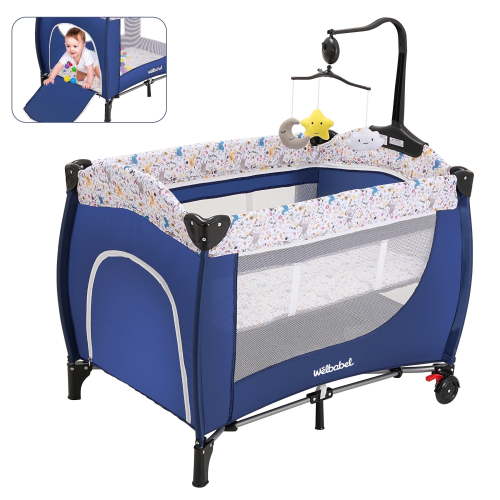 Minikid Baby Playard with Bassinet,Unisex Playpen Include Music Box and Hanging Toys,Portable Crib for Newborn to Toddlers,Blue