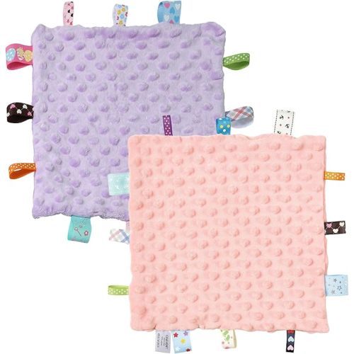 CREVENT Tag Security Blankets for Babies, Soft Small Loveys for Boys, Baby Comforter Sensory Blanket, Great Gifts for Birthday Baby Shower - 10"X10" Pink Star + Purple