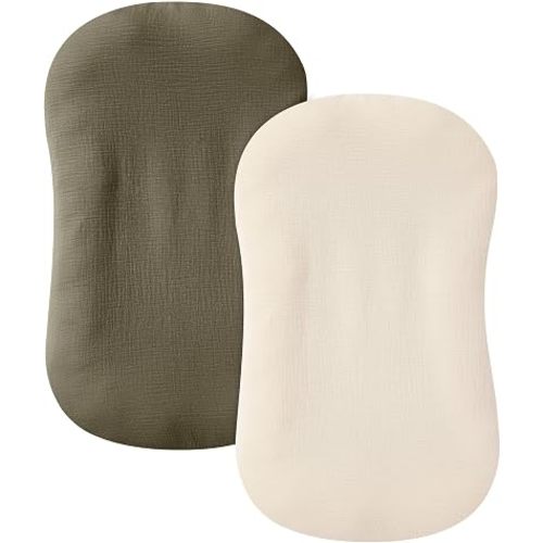guruixu Muslin Baby Lounger Cover 2 Pack, 100% Cotton Infant Lounger Cover, Soft & Breathable Replacement Slipcover, Compatible with Snuggle Me Newborn Lounger (Dark Olive,Cream)