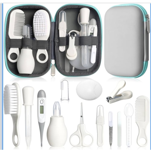 Baby Grooming Kit, Infant Safety Care Set with Hair Brush Comb Nail Clipper Nasal Aspirator,Baby Essentials Kit for Newborn Girls Boys (Grey White)
