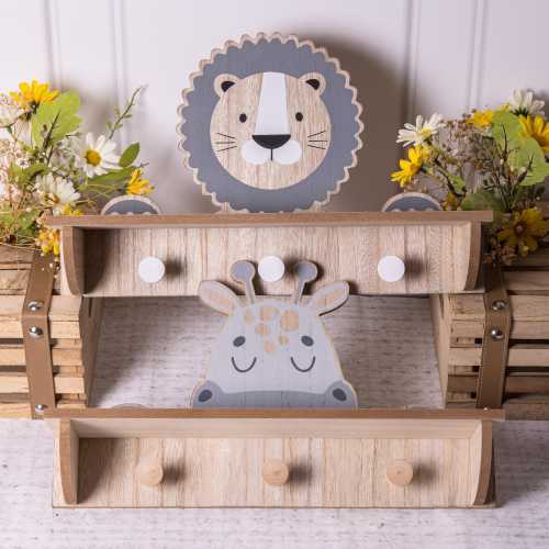 Lion Or Giraffe Wood Nursery Children's Floating Shelf & Hooks Animal Jungle Decor